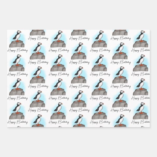 Personalisiert Happy Birthday Puffin Geschenkpapier Set (Vorderseite)