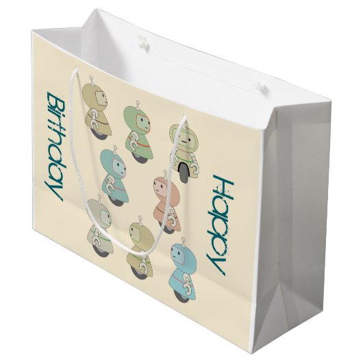 Personalisiert Happy Birthday Retro Robots Große Geschenktüte (Vorderseite Schrägansicht)