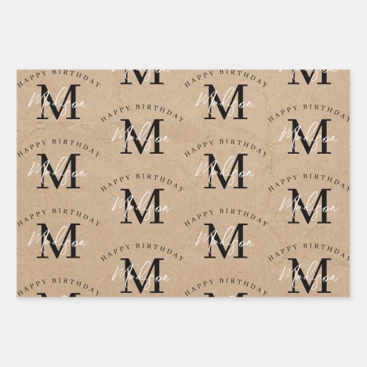 Personalisiert Happy Birthday Rustic Kraft Monogra Geschenkpapier Set (Vorderseite 3)