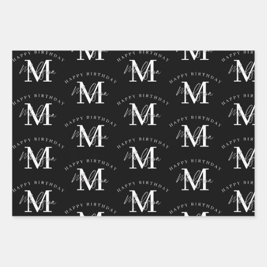 Personalisiert Happy Birthday Schwarz-weiß Monogra Geschenkpapier Set (Vorderseite 3)