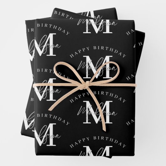 Personalisiert Happy Birthday Schwarz-weiß Monogra Geschenkpapier Set (Beispiel)