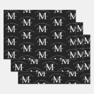 Personalisiert Happy Birthday Schwarz-weiß Monogra Geschenkpapier Set