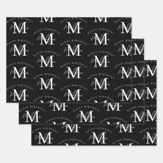 Personalisiert Happy Birthday Schwarz-weiß Monogra Geschenkpapier Set (Set)