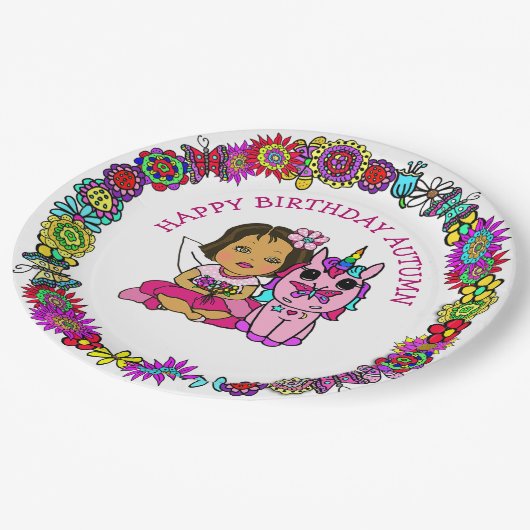 Personalisiert Happy Birthday Unicorn und Fairy Pappteller (Schrägansicht)