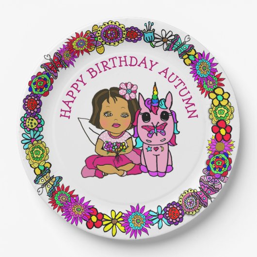 Personalisiert Happy Birthday Unicorn und Fairy Pappteller (Vorderseite)