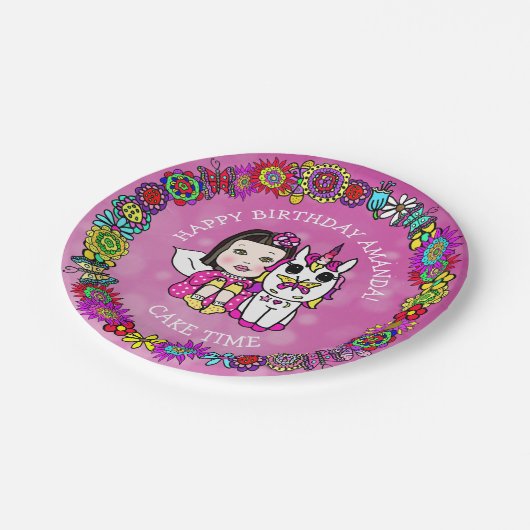 Personalisiert Happy Birthday Unicorn und Fairy Pappteller (Schrägansicht)