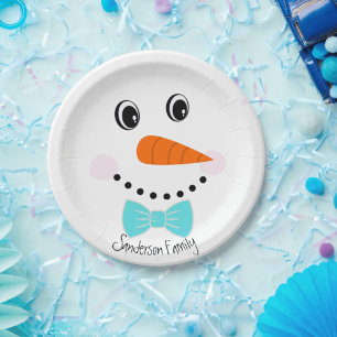 Personalisiert Happy Face Snowman Aquamarin Blue B Pappteller