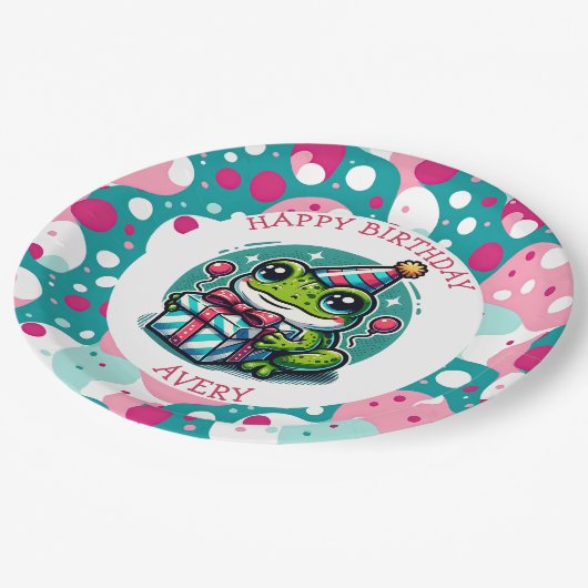 Personalisiert Happy Geburtstag | Frog Themed Pappteller (Schrägansicht)