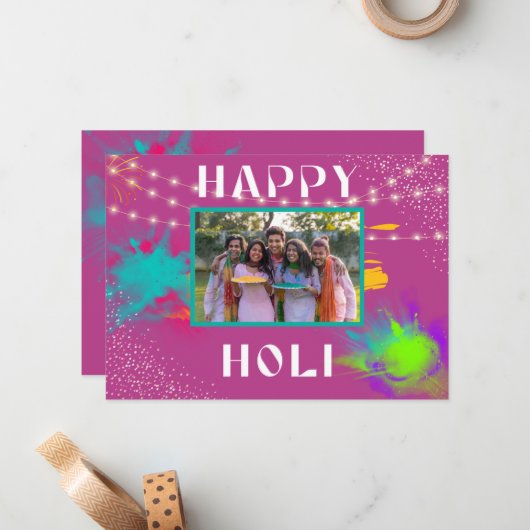 Personalisiert Happy Holi farbenfrohe Festivalbots Mitteilungskarte (Vorderseite/Rückseite Beispiel)