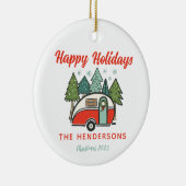 Personalisiert Happy Holidays Camper Rot & Weiß Keramik Ornament (Rechts)