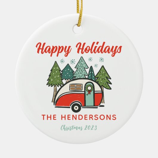 Personalisiert Happy Holidays Camper Rot & Weiß Keramik Ornament (Vorne)