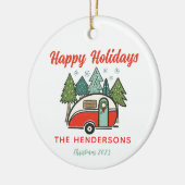 Personalisiert Happy Holidays Camper Rot & Weiß Keramik Ornament (Links)