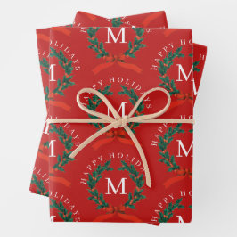 Personalisiert Happy Holidays Red Monogram Wreath Geschenkpapier Set