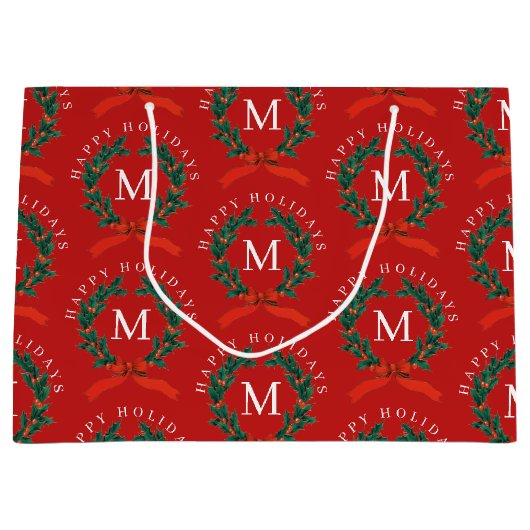 Personalisiert Happy Holidays Red Monogram Wreath Große Geschenktüte (Vorderseite)