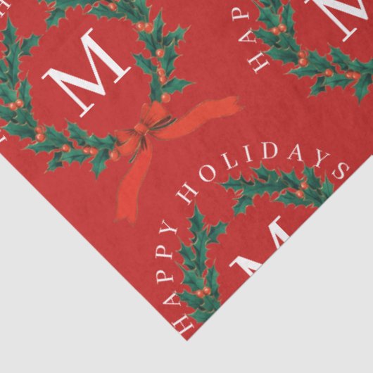 Personalisiert Happy Holidays Red Monogram Wreath Seidenpapier (Ausschnitt)