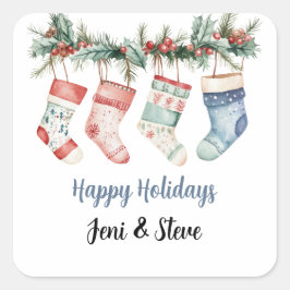 Personalisiert Happy Holidays Weihnachten Strumpf Quadratischer Aufkleber