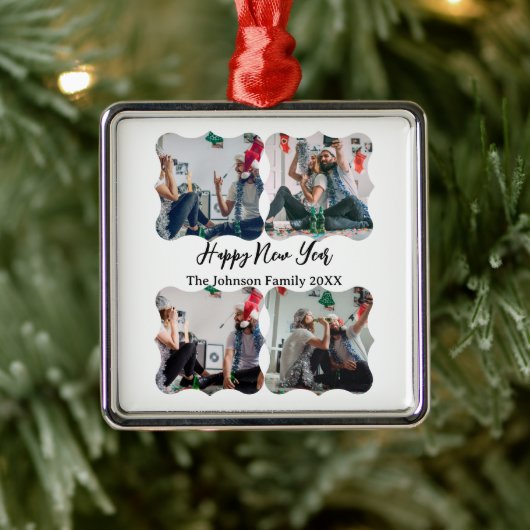 Personalisiert Happy New Year Script 4 Collage Fot Ornament Aus Metall (Baum)
