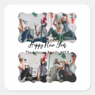 Personalisiert Happy New Year Script 4 Collage Fot Quadratischer Aufkleber