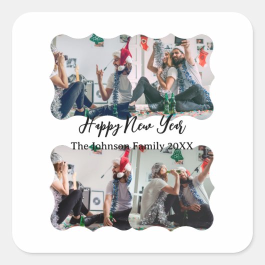 Personalisiert Happy New Year Script 4 Collage Fot Quadratischer Aufkleber (Vorderseite)