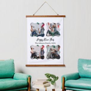 Personalisiert Happy New Year Script 4 Collage Fot Wandteppich Mit Holzrahmen