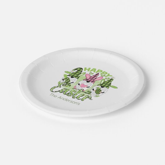 Personalisiert Happy Oaster Gnomes Pink Green Part Pappteller (Schrägansicht)