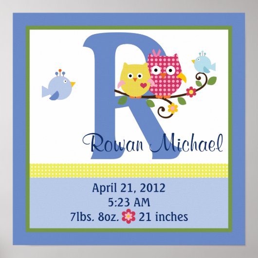 Personalisiert Happy Tree/Owls 2 Birth Info Poster (Vorne)