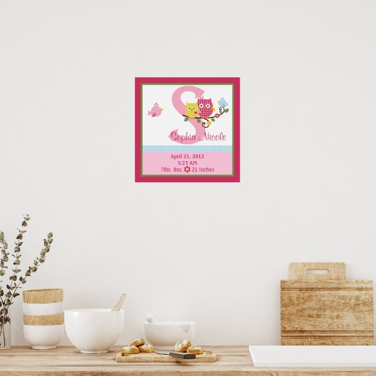 Personalisiert Happy Tree/Owls Birth Info Poster (Küche)