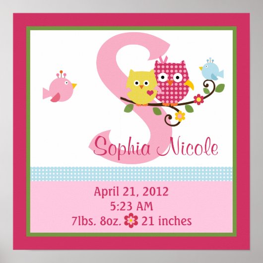 Personalisiert Happy Tree/Owls Birth Info Poster (Vorne)