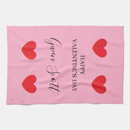 Personalisiert Happy Valentine's red heart pink Geschirrtuch (Horizontal)