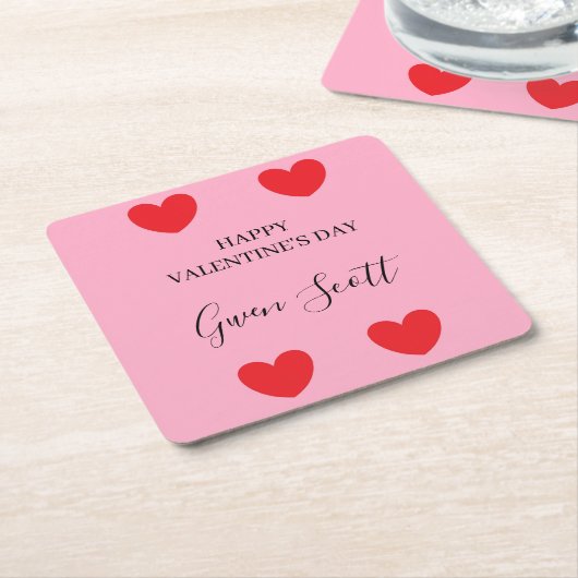 Personalisiert Happy Valentine's red heart pink Rechteckiger Pappuntersetzer (angewinkelt)