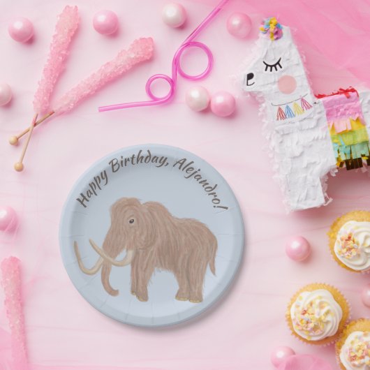 Personalisiert, hellblau, braun, Wollmammut Pappteller (Party)