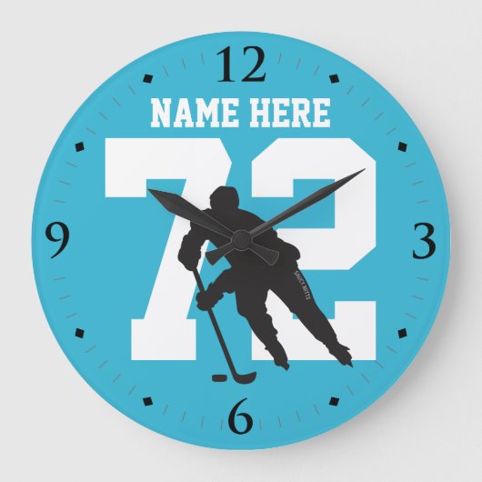Personalisiert Hockey Player Name Number Shark Blu Große Wanduhr (Vorderseite)