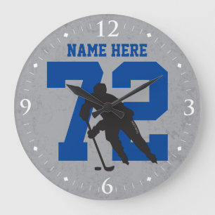 Personalisiert Hockey Player Name Nummer Blue Grau Große Wanduhr