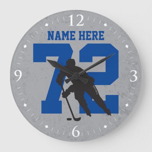 Personalisiert Hockey Player Name Nummer Blue Grau Große Wanduhr (Vorderseite)