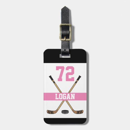 Personalisiert Hockey Player Name Nummer Pink Girl Gepäckanhänger (Vorderseite vertikal)