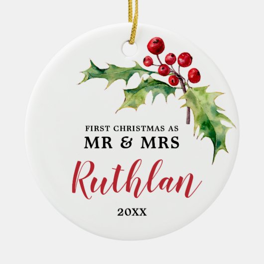 Personalisiert Holly Berry Greenery Newlyweds Cust Keramik Ornament (Vorne)