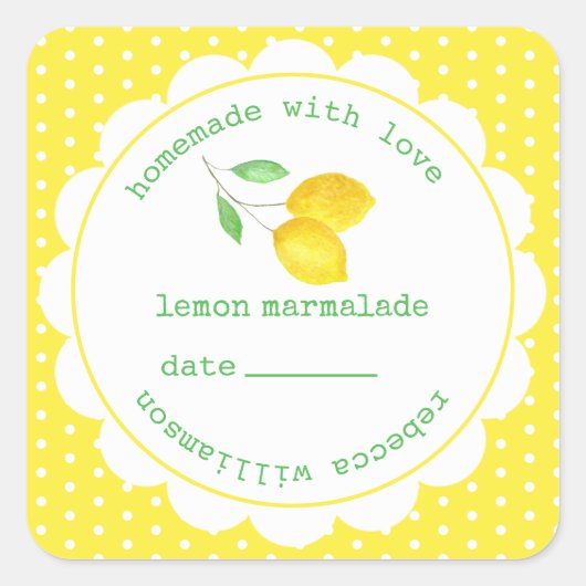 Personalisiert Homemade Lemon Marmalade Jar Quadratischer Aufkleber (Vorderseite)