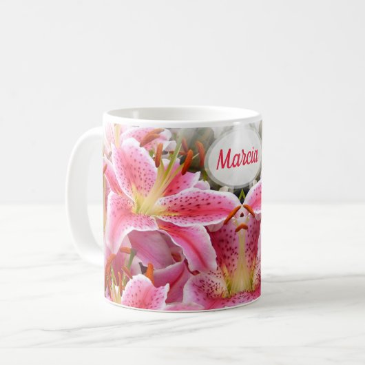 Personalisiert Hübsche Pink Stargazer Lilies Kaffeetasse (Vorderseite Links)