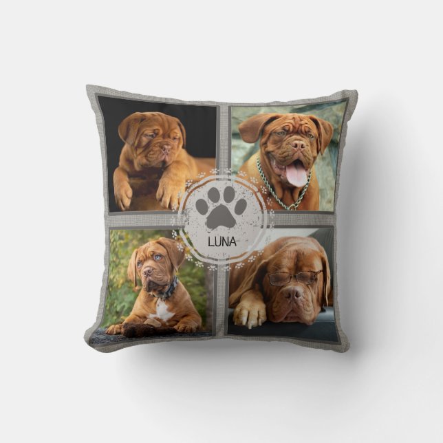 Personalisiert Hund Foto Pillow 4 Foto Name Grau Kissen (Vorderseite)