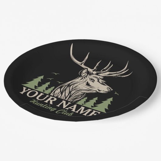 Personalisiert Hunter Deer Elk Antler Jagdclub Pappteller (Schrägansicht)