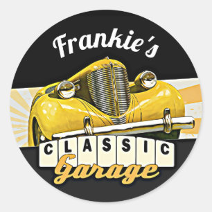 Personalisiert Ihr Name Classic Car Garage Runder Aufkleber