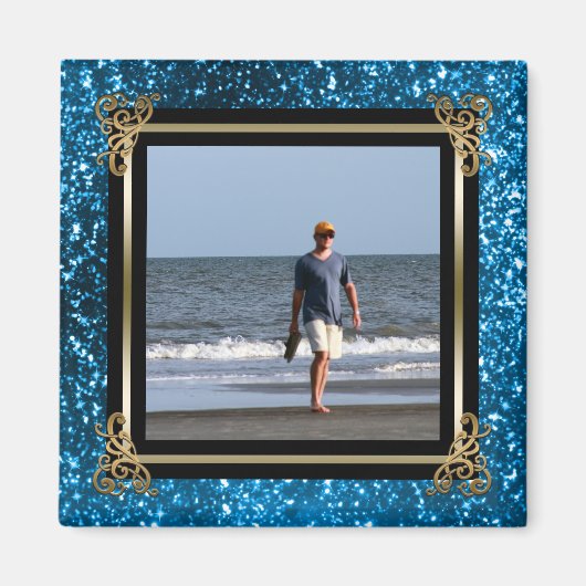 Personalisiert Instagram Foto Gold Blue Glitzer Magnet (Vorne)