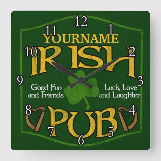 Personalisiert Irish Pub Sign Quadratische Wanduhr (Vorderseite)