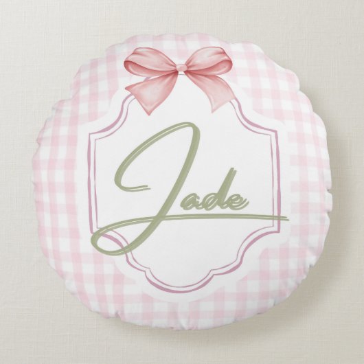 Personalisiert Jade Baby Girl Kinderzimmer Bow&Gin Rundes Kissen (Vorderseite)
