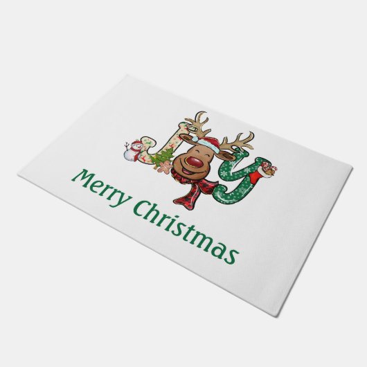 Personalisiert Joy Reindeer Fun Weihnachtsfest Fußmatte (Schrägansicht)