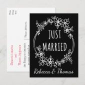 Personalisiert Just Married Black Wedding Floral Ankündigungspostkarte (Vorne/Hinten)