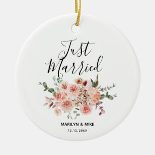Personalisiert Just Married Peach Floral Keramik Ornament