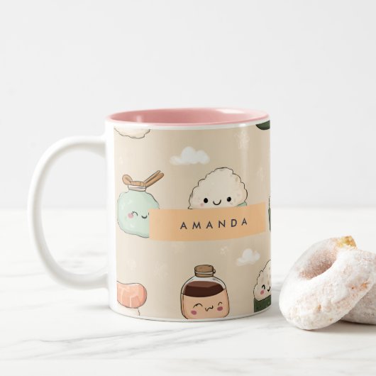 Personalisiert Kawaii Sushi Japanisches Muster Zweifarbige Tasse (Mit Donut)