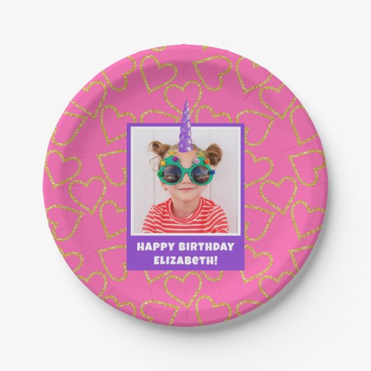 Personalisiert Kid Foto Happy Birthday Unicorn Pappteller (Vorderseite)