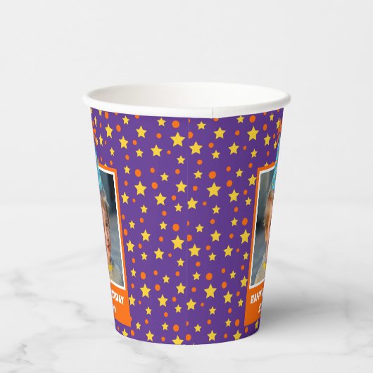 Personalisiert Kid Foto Happy Birthday w/ Blue Hat Pappbecher (Rechts)